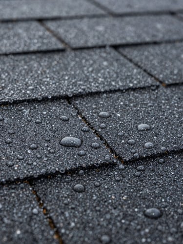 Macro shot of water beading perfectly on a dark asphalt shingle treated with nanotechnology, clean Quebec daylight highlighting the texture.
