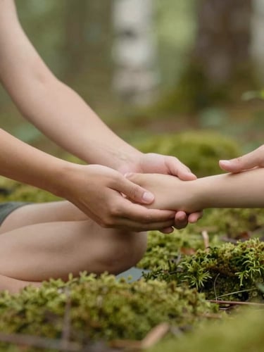 A close-up, warm editorial photograph of hands gently guiding a student in a seated yoga pose, soft diffused forest daylight, earthy moss green and birch tones, shallow depth of field.