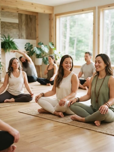Wide shot of diverse individuals in gentle yoga poses in a light-filled, warm studio with birch wood accents and soft diffused morning light, shallow depth of field. Focus on connection and ease, not athletic performance.