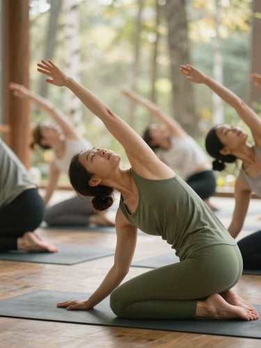 Real person of diverse age and mobility practicing gentle yoga in a light-filled, warm space, soft diffused forest daylight, earthy moss green and birch tones, shallow depth of field