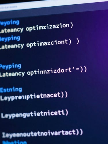 Macro shot of a high-resolution code editor displaying Python latency optimization scripts, cool blue and purple neon ambient light, sharp technical details, shallow depth of field, 35mm