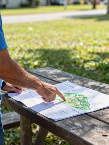Candid shot of a local resident pointing at a community park blueprint on a picnic table, bright Florida sunlight, vibrant green grass in the background, 35mm.