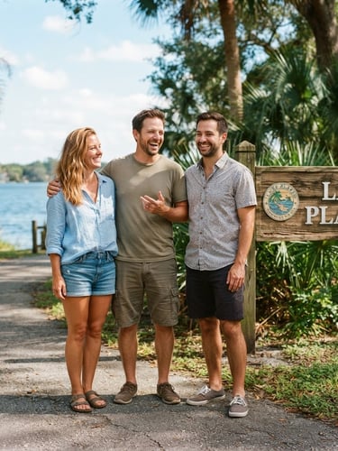 Vertical framing of three local residents in casual clothes standing together near a Lake Placid park sign, bright natural sunlight, candid and warm, 35mm photography.