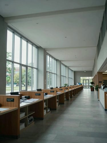 Wide panoramic view looking down a university administrative corridor, natural daylight falling through tall windows onto a row of registrar service counters and document filing shelves along the left wall, cool overcast light, documentary framing with generous negative space above