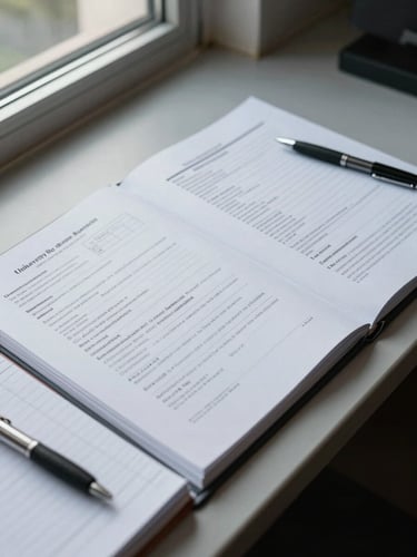 Close-up overhead view of a university registrar's desk, open compliance folders with stamped multi-jurisdictional documents, a ruled ledger and ink pen resting at the edge, cool overcast daylight from a window off-frame left, no people, documentary framing