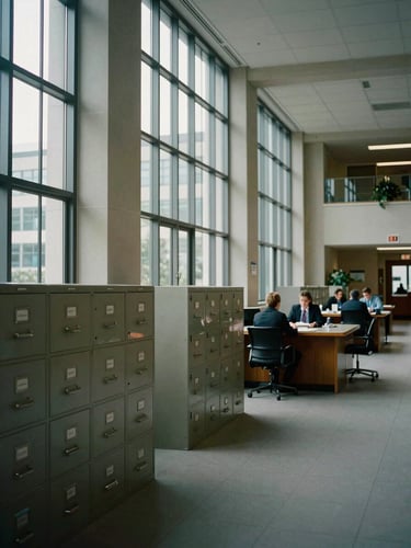 Wide environmental shot of a university administrative corridor, available daylight filtering through tall institutional windows onto rows of filing cabinets and a registrar's service counter, cool-toned documentary framing, no people visible