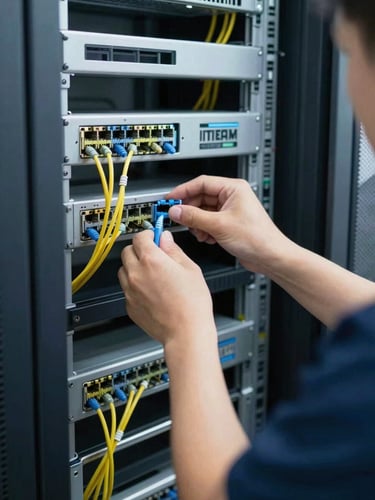 Medium-closeup of a uniformed ITEAM technician meticulously organizing network cables in a server rack, bright cool-toned indoor lighting, sharp focus on hands and cables.