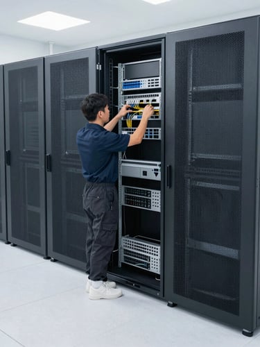 Wide shot of a clean, organized server room with multiple racks, technician in uniform checking connections, immaculate cable management, bright clean neutral daylight, sharp focus, 35mm lens.