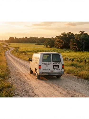 Wide panoramic shot of a Senseless Favor Ministries outreach vehicle on a rural Louisiana road at golden hour, driving away from the viewer, with expansive fields and distant trees, natural southern daylight.