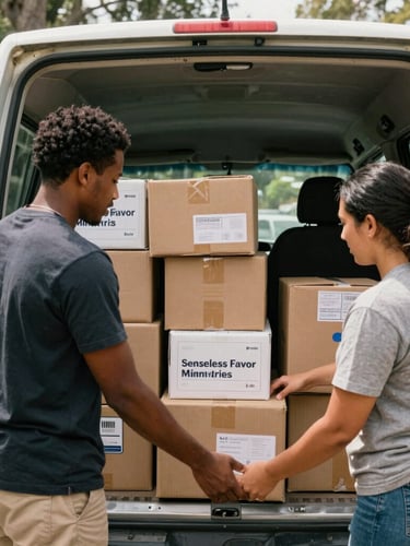 Medium shot of two Senseless Favor Ministries team members, one male and one female, actively loading boxes of supplies into the back of a ministry van, warm natural southern daylight, authentic community setting.