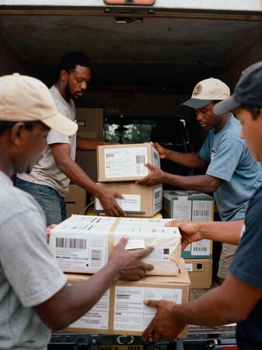 Team members actively loading supplies into a ministry truck, natural southern daylight, warm documentary photography. Focus on hands and faces showing dedication.