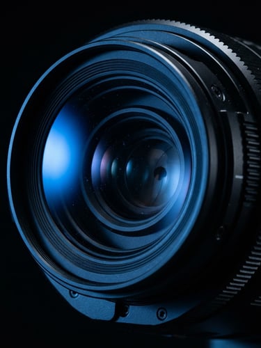 Sleek close-up macro of a professional CCTV camera lens reflecting electric blue light, deep shadows, ultra-sharp focus, clean technical lines.