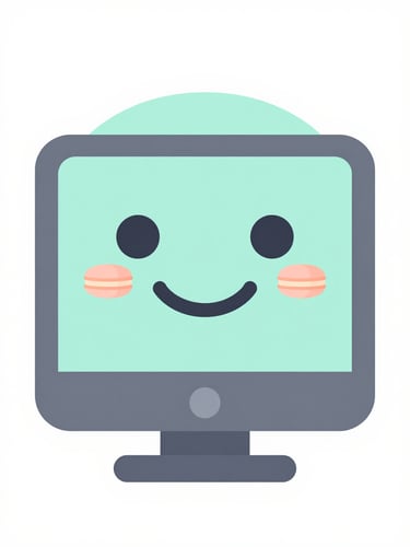 Flat vector illustration of a friendly computer with a smiling face, soft macaron pastel colors, clean minimalist lines, bright cheerful mood, geometric