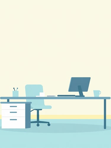 Flat vector illustration of a clean modern office workspace with soft macaron pastel colors, sky blue and cream yellow accents, minimalist geometric lines, bright cheerful morning light, generous negative space.
