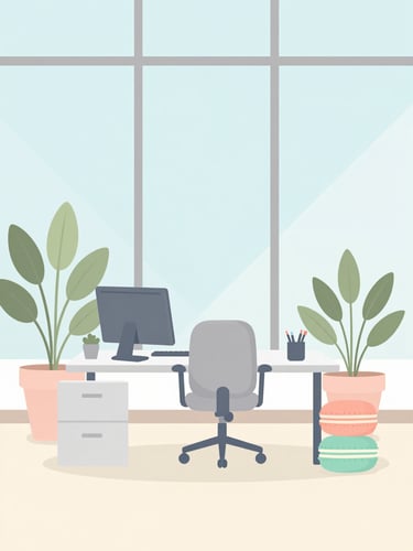 Flat vector illustration of a tidy Des Moines office workspace, soft macaron pastel colors, clean minimalist lines, bright cheerful daylight, geometric plants.