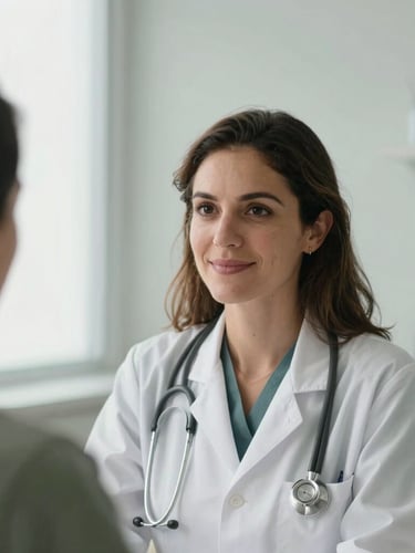 Close-up of Dra. Luciana Poyatos, a female doctor with a kind and professional expression, interacting with a patient (out of frame) in a clean, minimalist medical office. Soft natural window light illuminates the scene. Muted sage and slate tones in the background. Shallow depth of field.