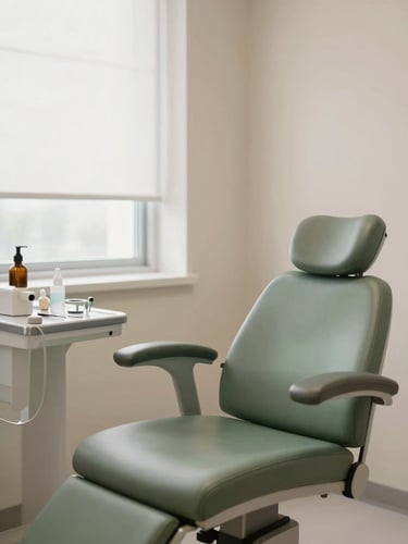 Consultório médico moderno e acolhedor, com uma poltrona de exame e instrumentos clássicos, iluminado por luz natural suave, tons de verde sálvia e cinza ardósia.