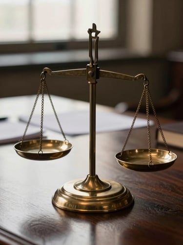 Close-up of a vintage brass scale of justice resting on a dark mahogany desk, soft golden window light, legal documents blurred in the background, dignified atmosphere