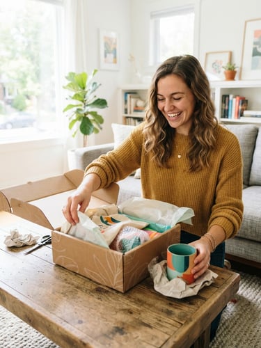 Bright high-key lifestyle photography, a happy customer unboxing a parcel in a modern bright living room, crisp daylight, vibrant colors, sharp focus, 35mm