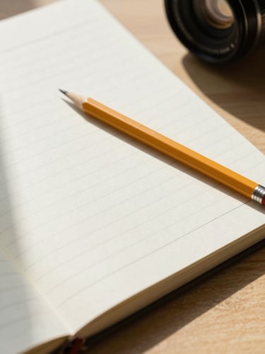 Overhead close-up of an open notebook on a light wood desk, a pencil resting across the page, natural daylight entering from the left, crisp shadows on ruled paper