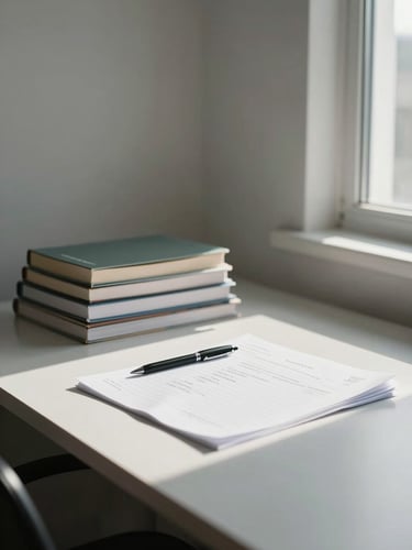 Wide corner-angle view of a minimalist study workspace — a desk with stacked textbooks, a single pen, and teaching notes spread out, natural window light from one side casting long soft shadows across the surface