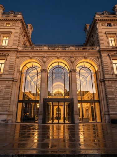 Symmetrical low-angle shot of a classic European limestone facade with modern glass arches, golden hour light reflecting, clean lines, editorial architectural photography