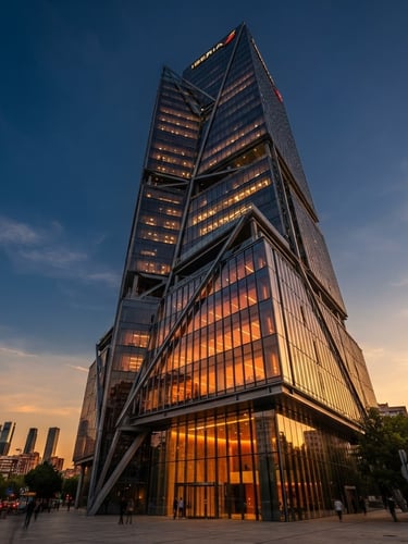 Low-angle architectural photograph of a modern glass and steel corporate headquarters in Madrid, dramatic golden hour reflections, editorial luxury style