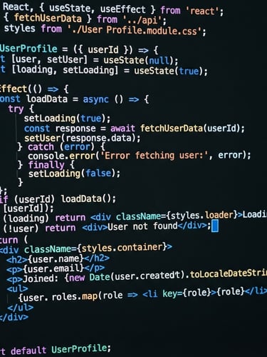 Macro close-up of clean, syntax-highlighted code on a dark screen with an electric blue cursor, crisp studio lighting, high contrast, 35mm