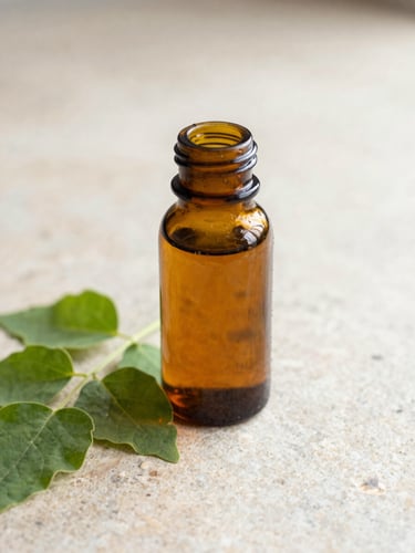 An amber glass bottle of Ayurvedic kadha resting on a light stone surface with fresh green Tulsi leaves beside it, soft morning daylight, shallow depth of field.