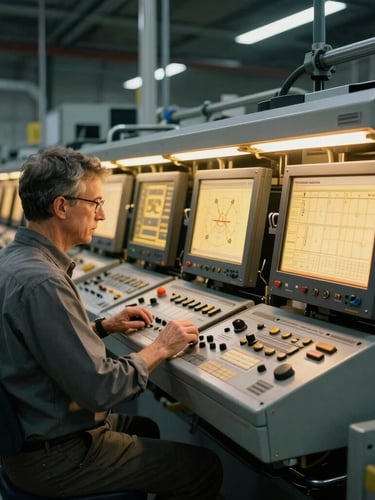 Consultant Pinewood Consulting colaborând cu un operator la o linie de asamblare de înaltă precizie într-o fabrică modernă, lumină industrială rece cu strălucire caldă de la panourile de control, focalizare clară pe interacțiune, stil editorial.