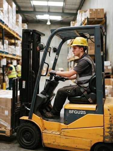 Realistic industrial photography of a student wearing a yellow helmet and safety vest operating a yellow forklift in a bright warehouse, 35mm lens, sharp focus