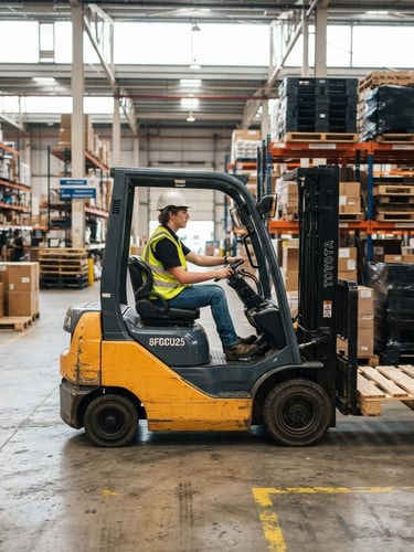 Realistic industrial photography, bright natural warehouse lighting, a student in a yellow safety vest and white helmet operating a yellow forklift, side view, 35mm lens.