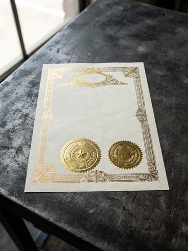 A close-up of a professional physical training certificate with gold stamp seals, laying on a dark industrial metal table, sharp focus, 35mm lens.