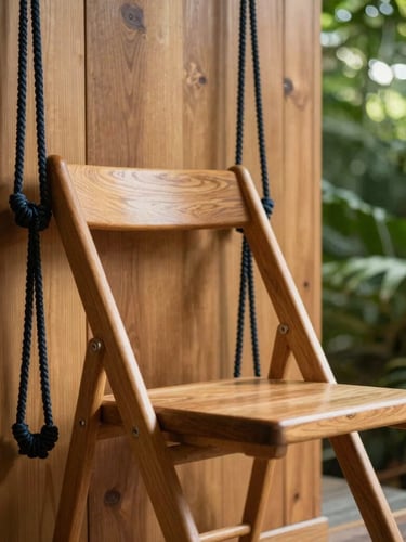 Close-up of a wooden Iyengar yoga chair and ropes suspended from a solid timber wall, soft side-lighting highlighting the grain of the wood and the precise alignment.