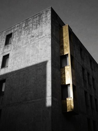 Low-angle architectural shot of a brutalist concrete building in Milan, sharp shadows, high-contrast black and white, dramatic twilight lighting, 35mm