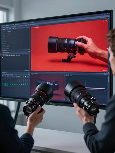 Tight angled shot of a creative team analyzing high-contrast video footage on a large screen, cool-toned daylight, professional workspace, 35mm lens