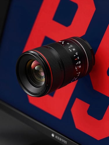 Angled close-up of a high-contrast digital design monitor showing bold red and navy graphics, dramatic studio lighting, sharp details, 35mm lens