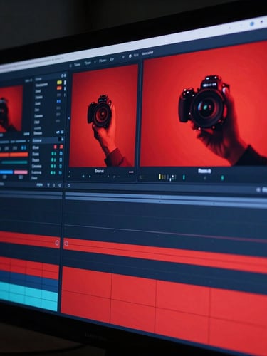 A close-up shot of a high-contrast video editing suite with deep navy and bold red color grading on screen, professional studio environment