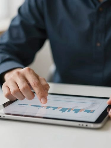Minimalist corporate photography, close-up of hands analyzing clean financial charts on a tablet, soft natural daylight, muted navy and warm gray tones, shallow depth of field.