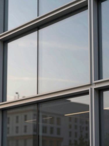 Architectural detail of a modern business center facade, clean steel and glass lines, soft diffused daylight, minimalist corporate style.