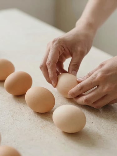 Close-up of hands preparing fresh whole ingredients on a light sand stone counter, soft diffused daylight, warm clinical minimalist style, 35mm.