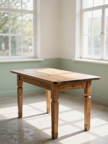 A bright, sunlit restoration workshop with natural light streaming through large windows, highlighting a partially restored antique oak table with visible wood grain, warm tones, 35mm editorial photography.