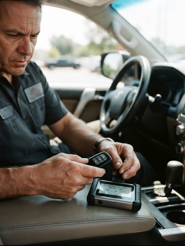 Close-up of a professional technician in uniform programming a modern transponder key fob inside a vehicle, high-contrast outdoor daylight, shallow depth of field, 35mm
