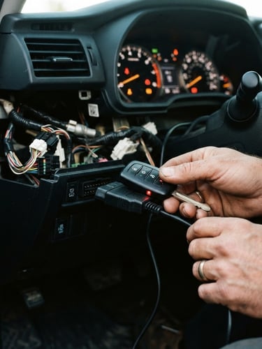 Tight macro shot of a certified locksmith's hands programming a modern transponder key inside a vehicle, dashboard lights glowing, sharp focus, industrial metallic tones, 35mm