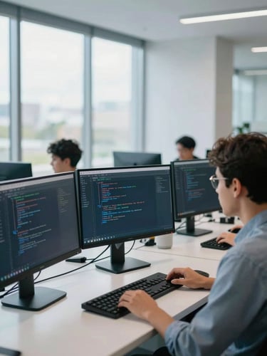 Modern clean workspace in a Latin American business hub, developers analyzing clean code on high-end monitors, bright daylight, cool blue tones, 35mm