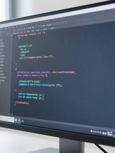 Macro shot of clean code on a high-end monitor, cool blue and slate tones, bright natural daylight, sharp focus, architectural framing, 35mm