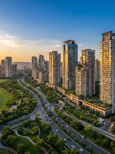 Wide-angle drone shot of modern high-rise residential towers along Golf Course Road, Gurugram, under warm golden hour sunlight, lush green landscaping, clear sky, premium architectural photography.