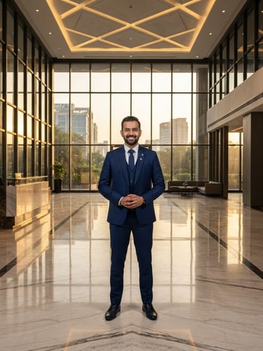 Symmetrical architectural portrait of a professional real estate advisor in a navy blue suit, standing in a modern glass-walled Gurugram office lobby, warm golden hour light reflecting on polished marble floors.