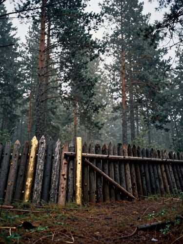 Cinematic wide angle portrait of a reconstructed iron-age wooden palisade in a misty pine forest, overcast daylight, deep forest tones, 35mm grain