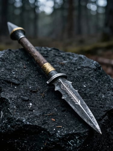 Close-up of a reconstructed iron-age Tavastian spearhead with intricate silver inlay, resting on dark charcoal stone, dramatic firelight, deep shadows.